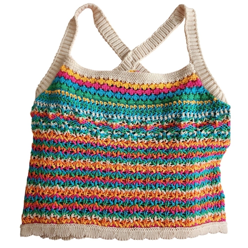 Lush Crop Tank Women S Rainbow Crochet Knit Top Crossback Sz S Relaxed Fit Beach